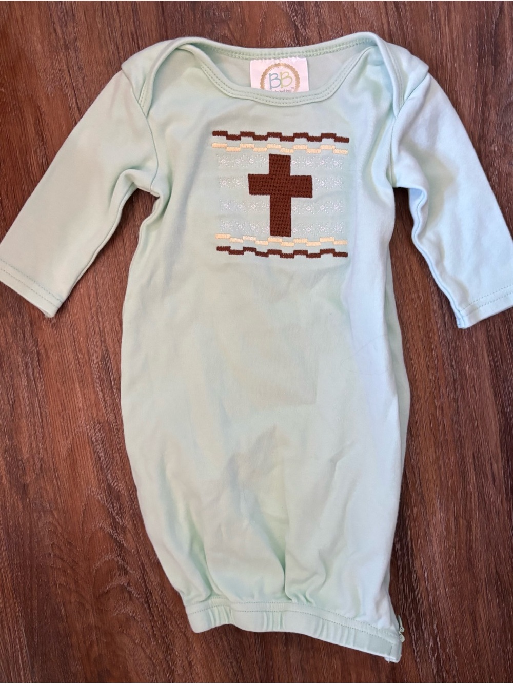 Blanks Boutique Mint Baby Gown with Brown Cross Applique